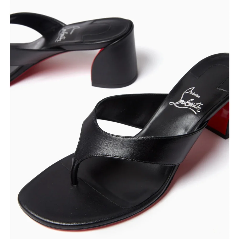 Christian Louboutin Janetonga 55 Black Leather Mule Thong Block Heel Sandal 37